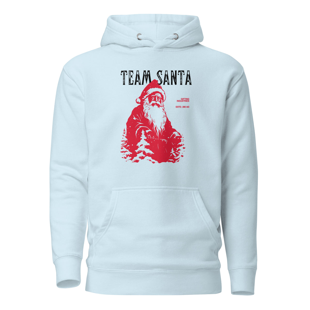 Sky Blue hoodie, front view with a red Santa illustration and black "Team Santa" lettering.
