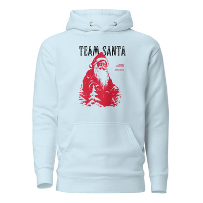 Sky Blue hoodie, front view with a red Santa illustration and black "Team Santa" lettering.