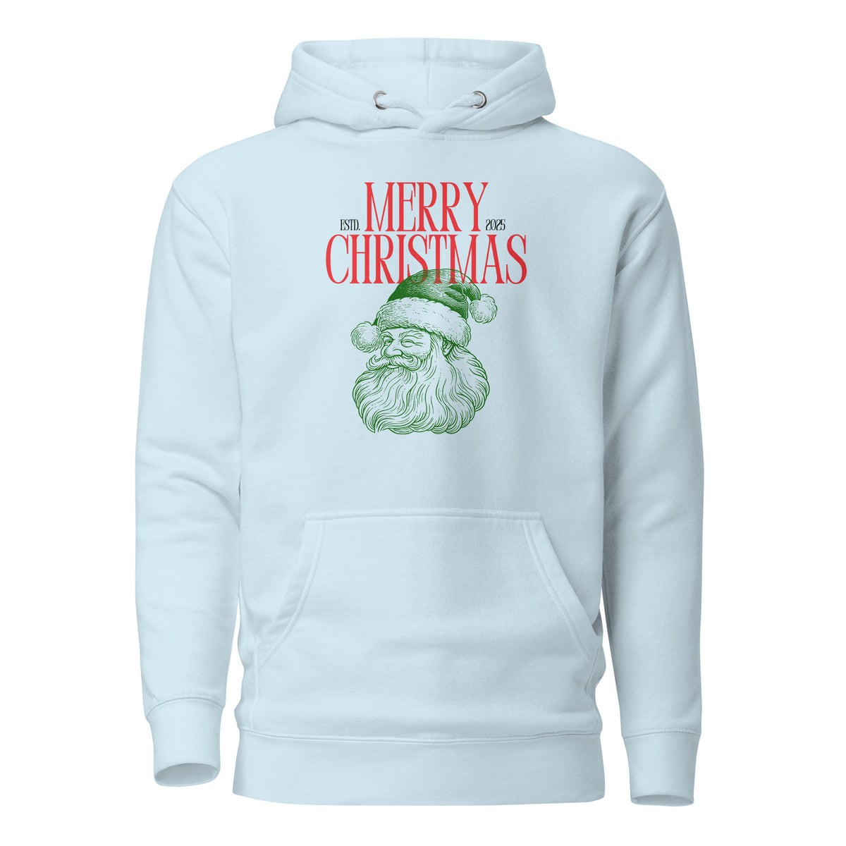 Sky Blue hoodie with red Merry Christmas 2025 text and green Santa face, front view.