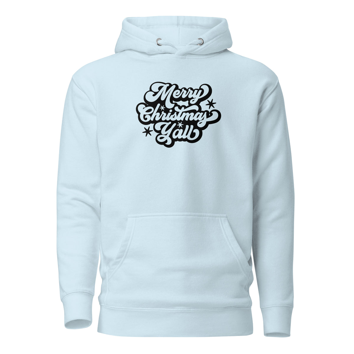 Sky Blue hoodie with black Merry Christmas Y'all script lettering, front view.
