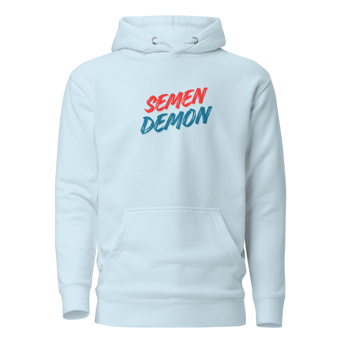 Sky Blue hoodie with red and blue Semen Demon lettering, front view.