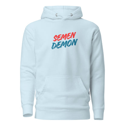 Sky Blue hoodie with red and blue Semen Demon lettering, front view.