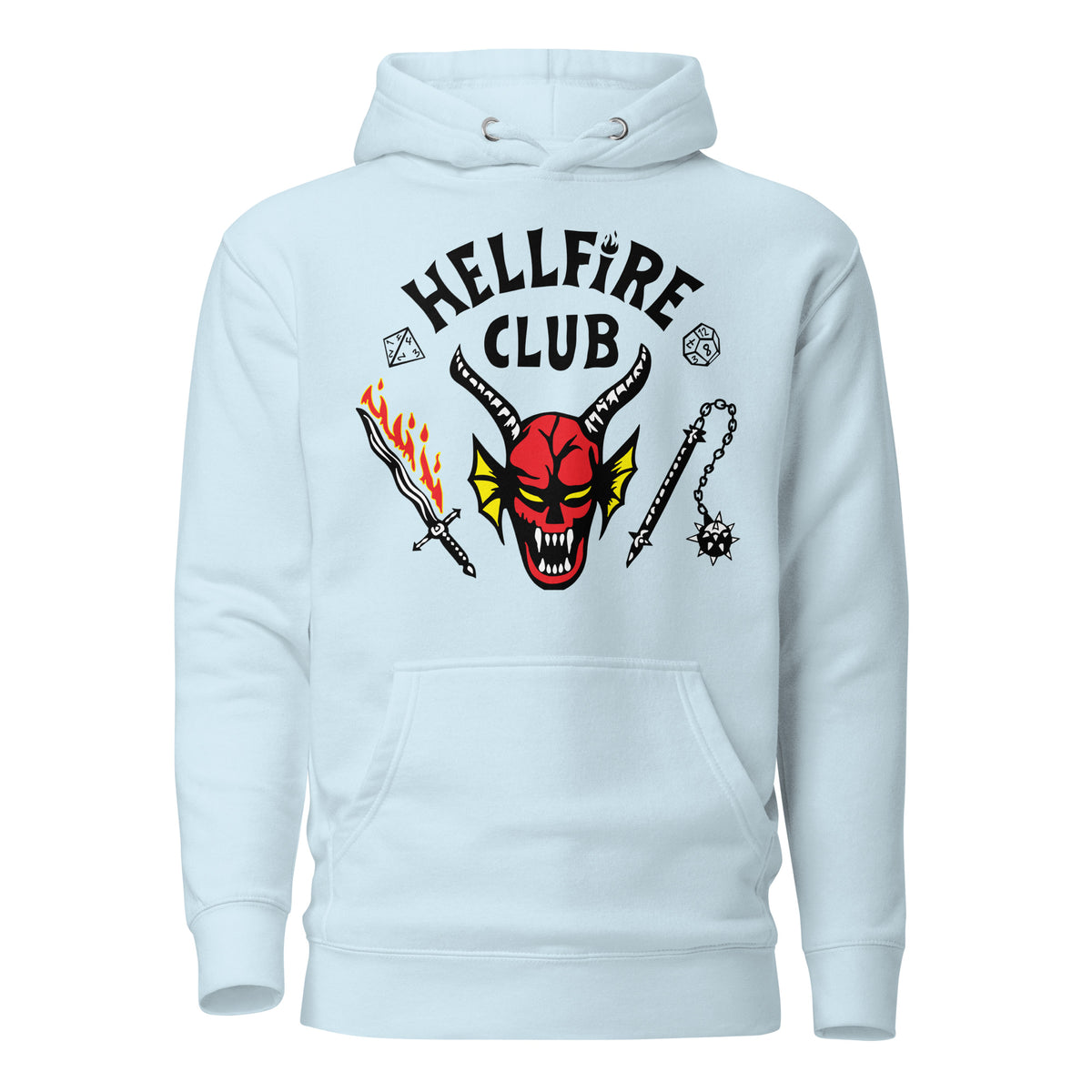 Sky Blue hoodie, front view with Hellfire Club lettering and a red horned-face graphic.