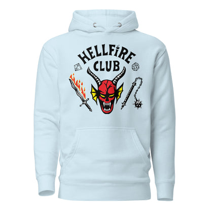 Sky Blue hoodie, front view with Hellfire Club lettering and a red horned-face graphic.