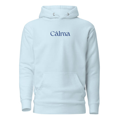 Sky Blue hoodie with blue Calma lettering, front view.