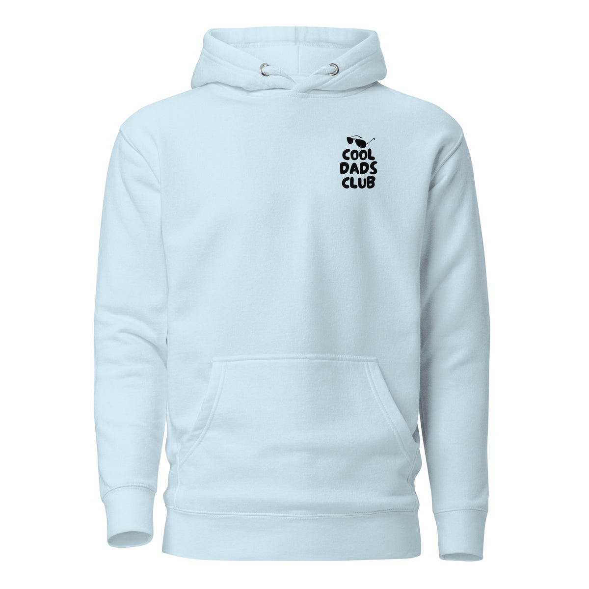 Sky Blue hoodie with small black Cool Dads Club chest lettering, front view.