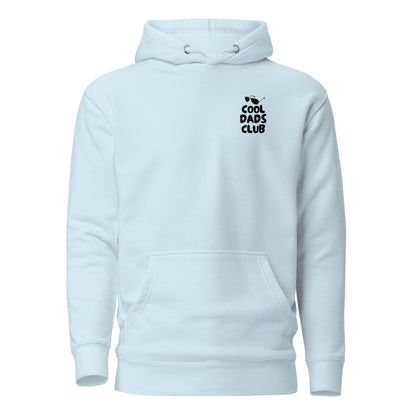 Sky Blue hoodie with small black Cool Dads Club chest lettering, front view.