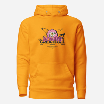Team Gold hoodie, front view, with a smiling pink flower and 'Always Grateful' lettering.