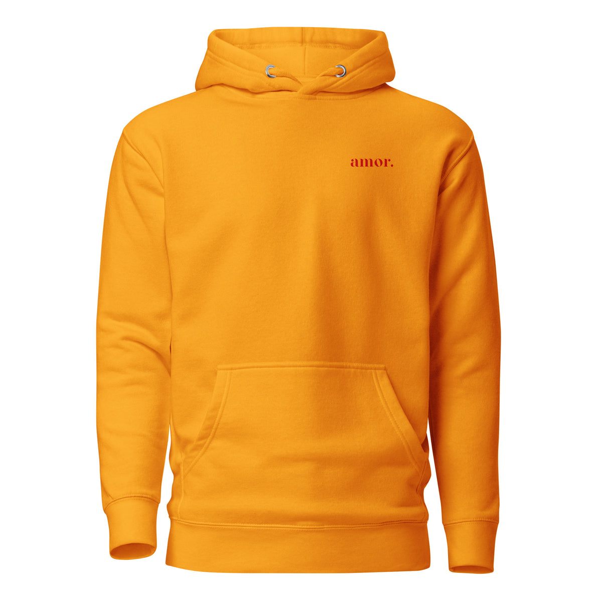 Team Gold hoodie with small red amor chest lettering, front view.