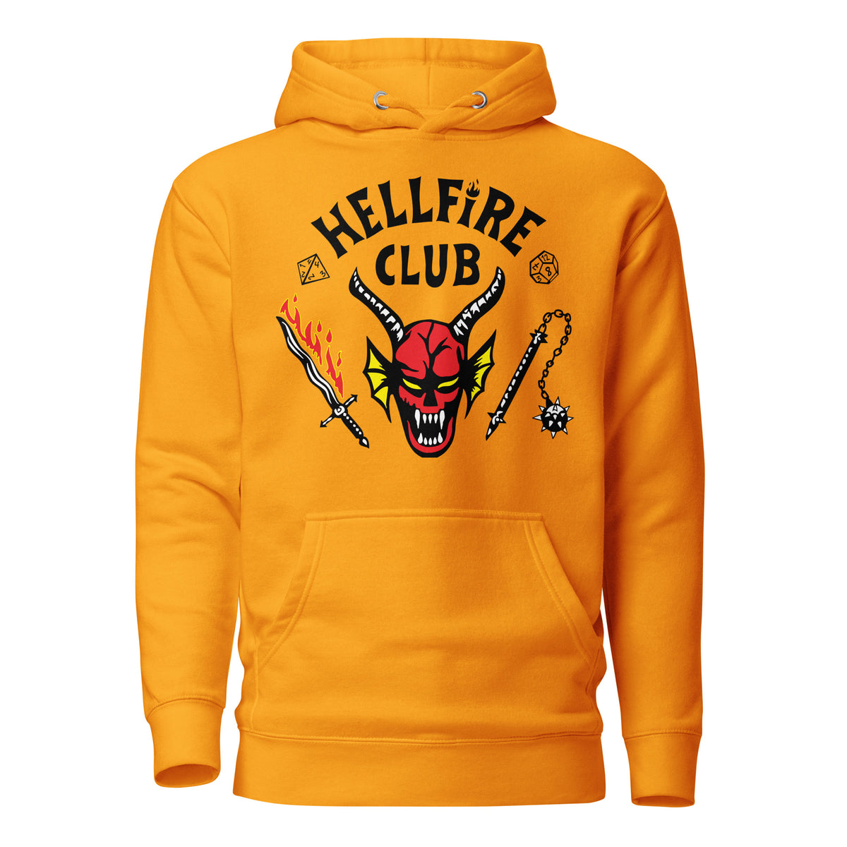 Team Gold hoodie, front view with Hellfire Club lettering and a red horned-face graphic.