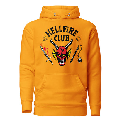 Team Gold hoodie, front view with Hellfire Club lettering and a red horned-face graphic.