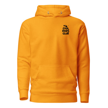 Team Gold hoodie with small black Cool Dads Club chest lettering, front view.