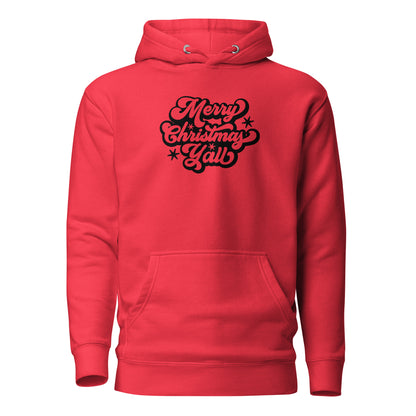 Team Red hoodie with black Merry Christmas Y'all script lettering, front view.