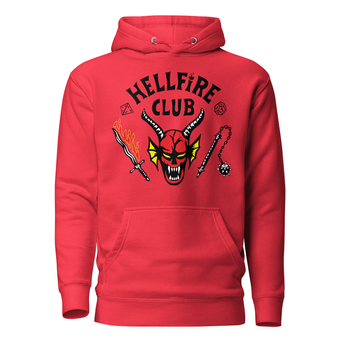 Team Red hoodie, front view with Hellfire Club lettering and a red horned-face graphic.
