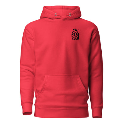 Team Red hoodie with small black Cool Dads Club chest lettering, front view.