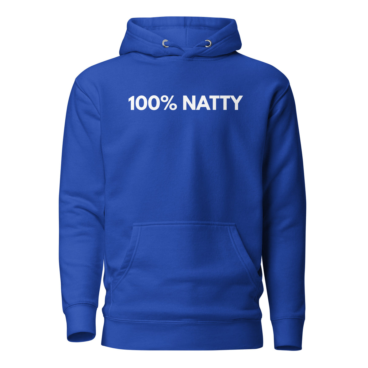 Team Royal hoodie with white 100% Natty lettering, front view.