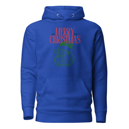 Team Royal hoodie with red Merry Christmas 2025 text and green Santa face, front view.