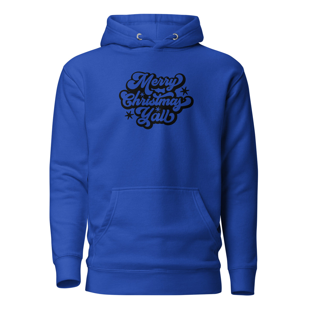 Team Royal hoodie with black Merry Christmas Y'all script lettering, front view.