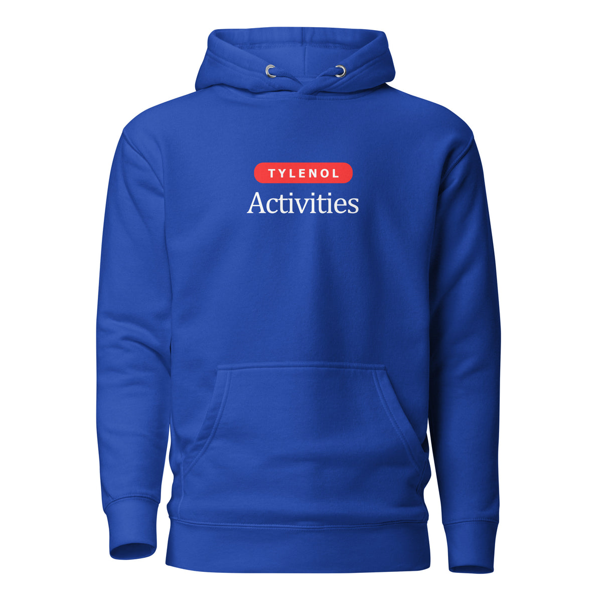 Team Royal hoodie with white Tylenol Activities lettering and a red capsule shape, front view.