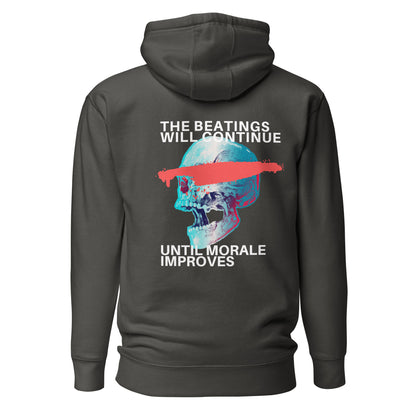 Vintage Black hoodie with a blue skull, red bar and The Beatings Will Continue text, back view.