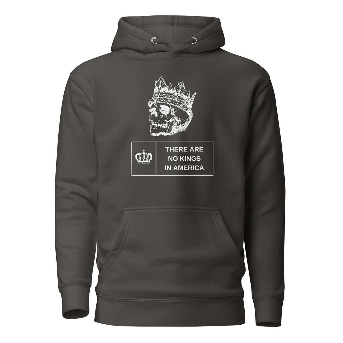 Vintage Black hoodie with a crowned skull and There Are No Kings in America text, front view.