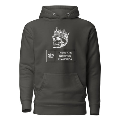 Vintage Black hoodie with a crowned skull and There Are No Kings in America text, front view.