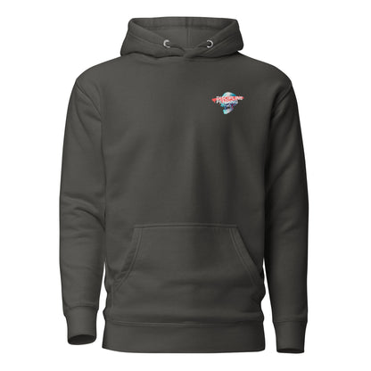 Vintage Black hoodie with a small blue skull graphic with red bar, front view.