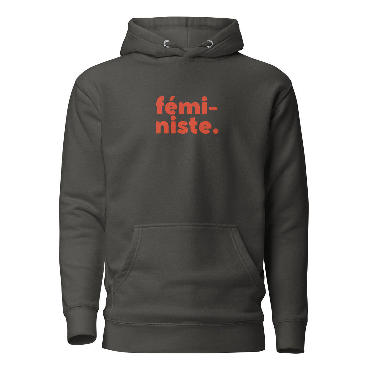 Vintage Black hoodie, front view, with red stacked 'fémi-niste.' lettering.
