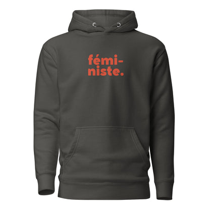Vintage Black hoodie, front view, with red stacked 'fémi-niste.' lettering.