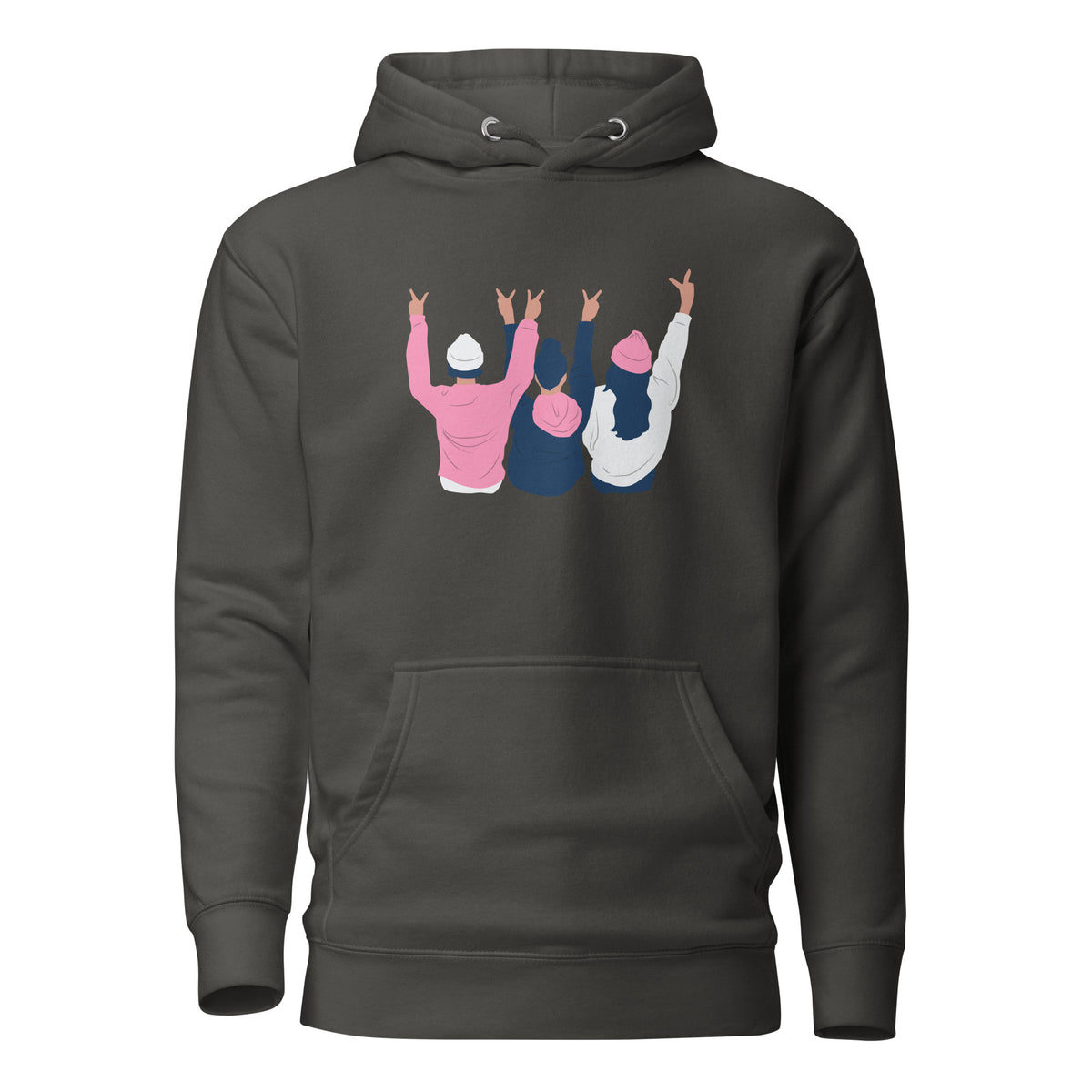 Vintage Black hoodie, front view with an illustration of three figures raising peace signs.