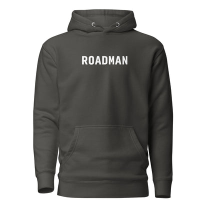 Vintage Black hoodie, front view with white "ROADMAN" lettering.