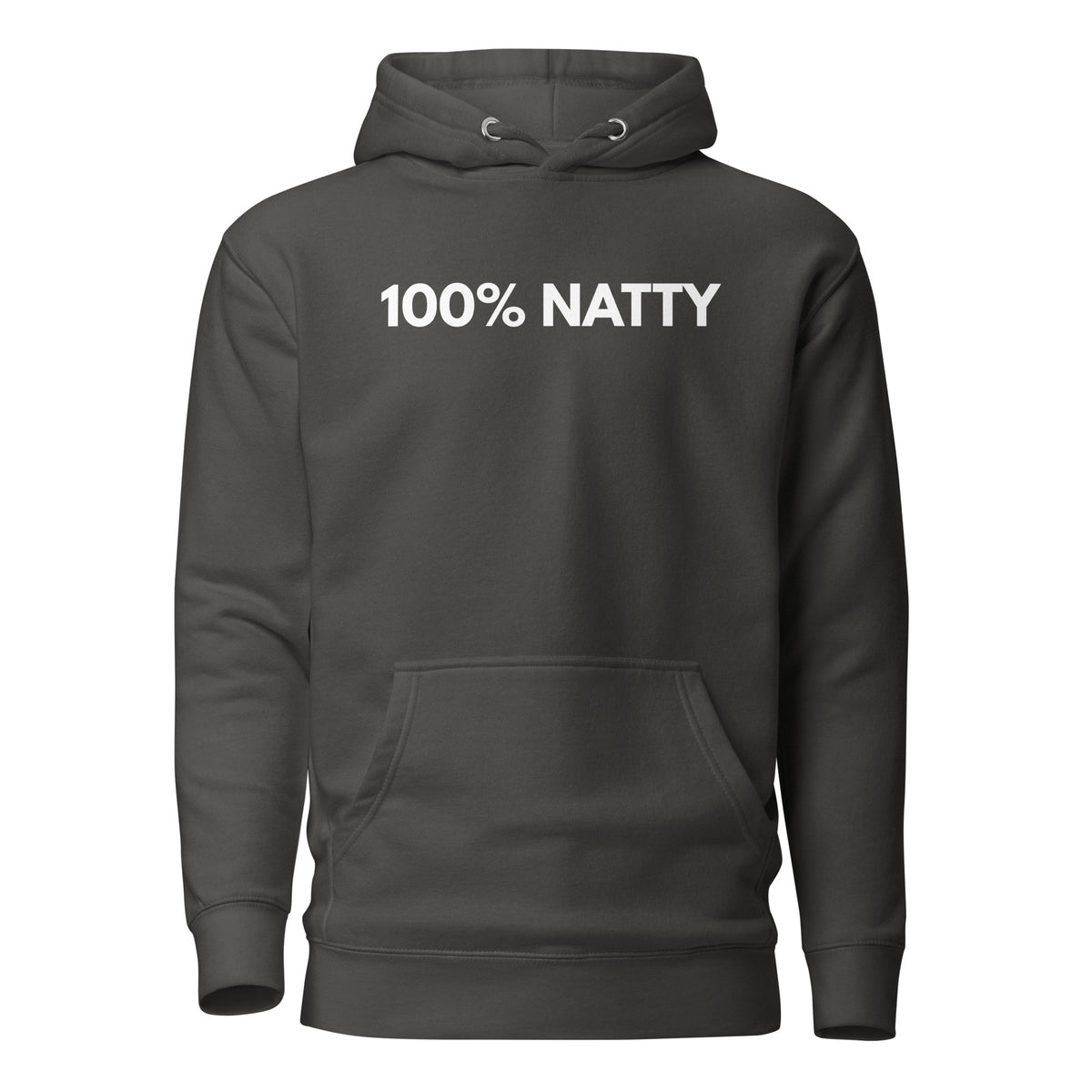 Vintage Black hoodie with white 100% Natty lettering, front view.