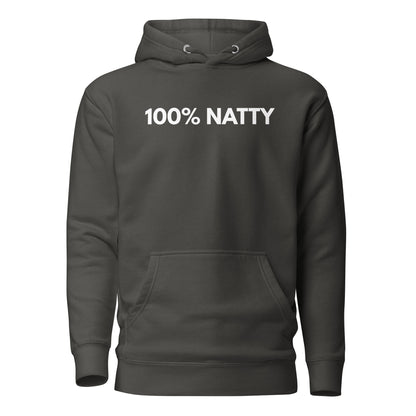 Vintage Black hoodie with white 100% Natty lettering, front view.
