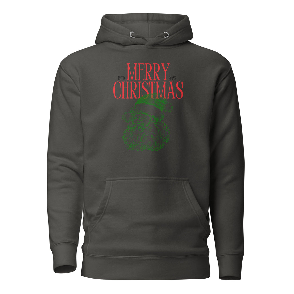 Vintage Black hoodie with red Merry Christmas 2025 text and green Santa face, front view.