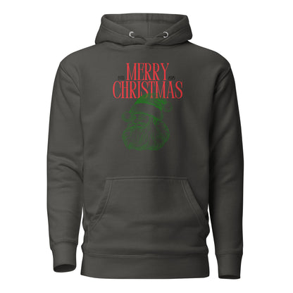 Vintage Black hoodie with red Merry Christmas 2025 text and green Santa face, front view.