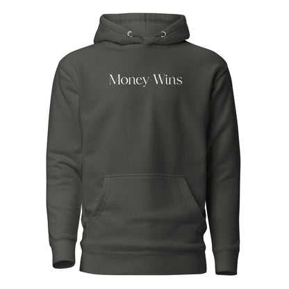 Vintage Black hoodie with white Money Wins lettering, front view.
