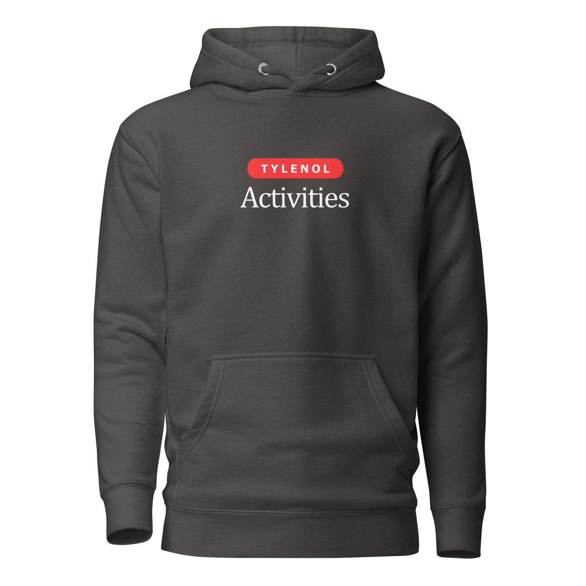 Vintage Black hoodie with white Tylenol Activities lettering and a red capsule shape, front view.