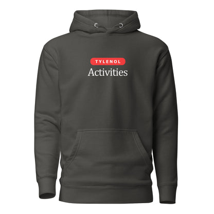 Vintage Black hoodie with white Tylenol Activities lettering and a red capsule shape, front view.