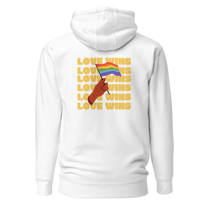 White hoodie, back view with a hand waving a rainbow flag over yellow "Love Wins" lettering.