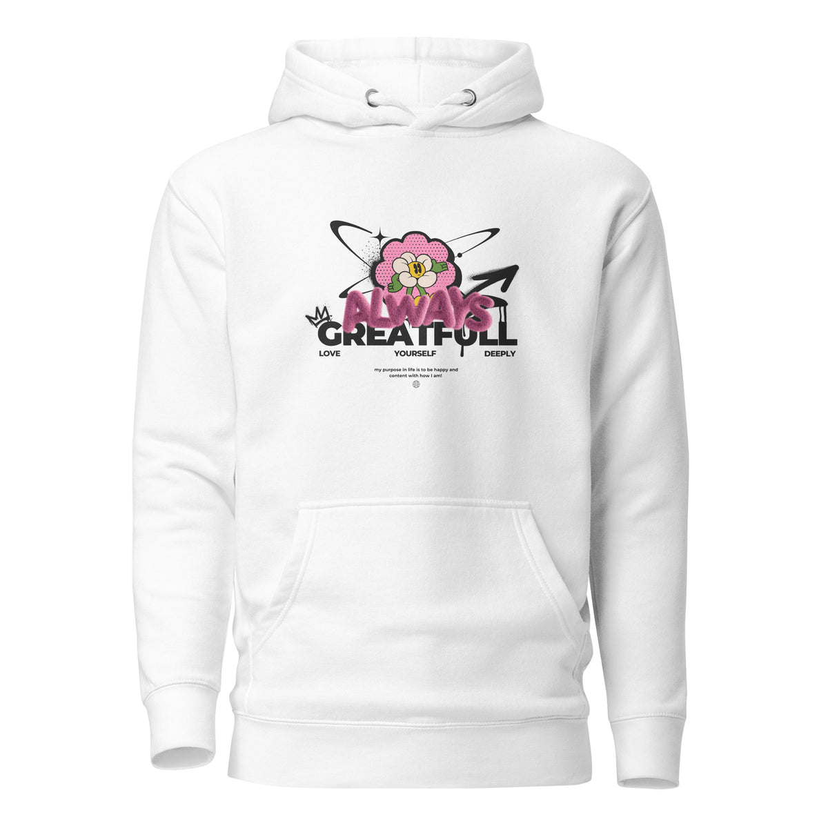 White hoodie, front view, with a smiling pink flower and 'Always Grateful' lettering.