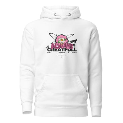White hoodie, front view, with a smiling pink flower and 'Always Grateful' lettering.