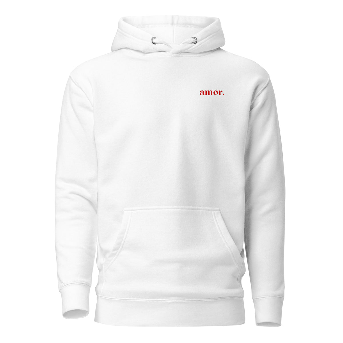 White hoodie with small red amor chest lettering, front view.
