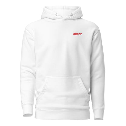 White hoodie with small red amor chest lettering, front view.