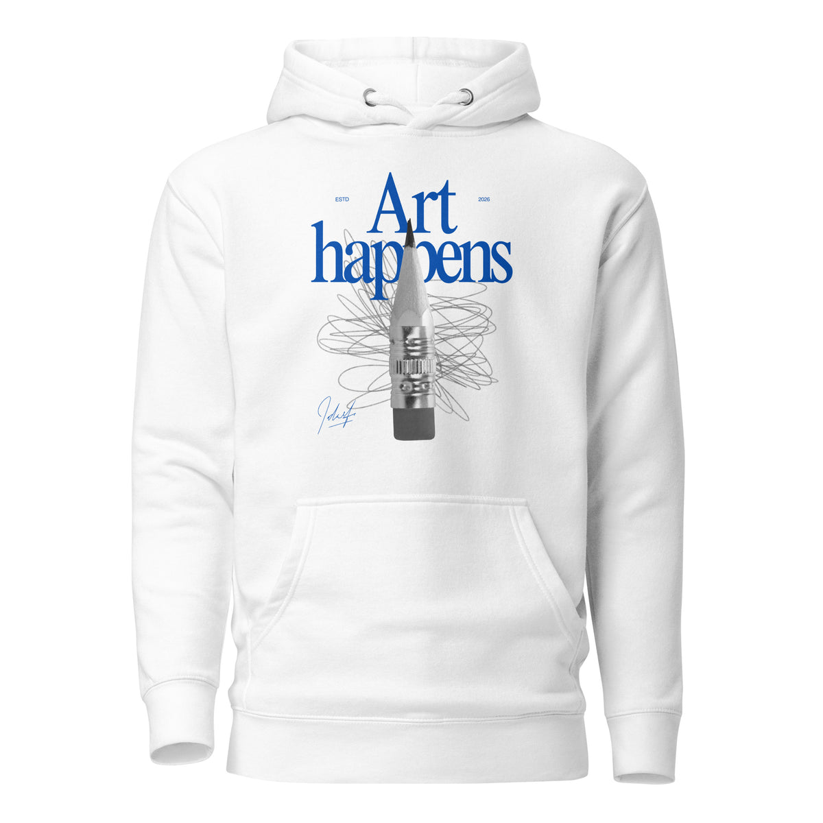 White hoodie, front view with blue "Art Happens" lettering, a pencil and scribbled lines.