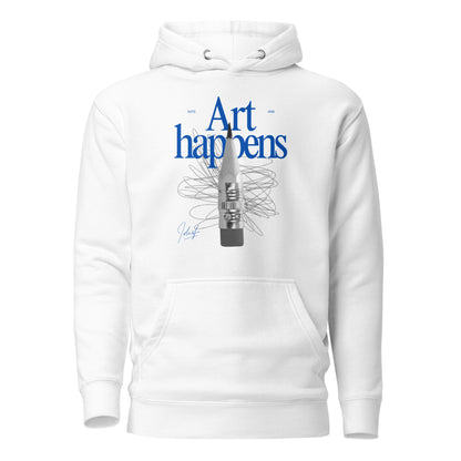 White hoodie, front view with blue "Art Happens" lettering, a pencil and scribbled lines.