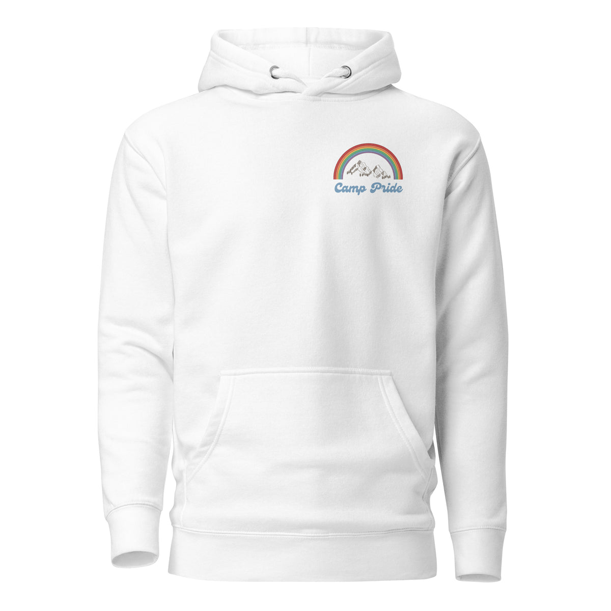 White hoodie, front view with a rainbow-and-mountain "Camp Pride" chest graphic.
