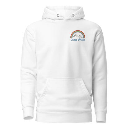 White hoodie, front view with a rainbow-and-mountain "Camp Pride" chest graphic.