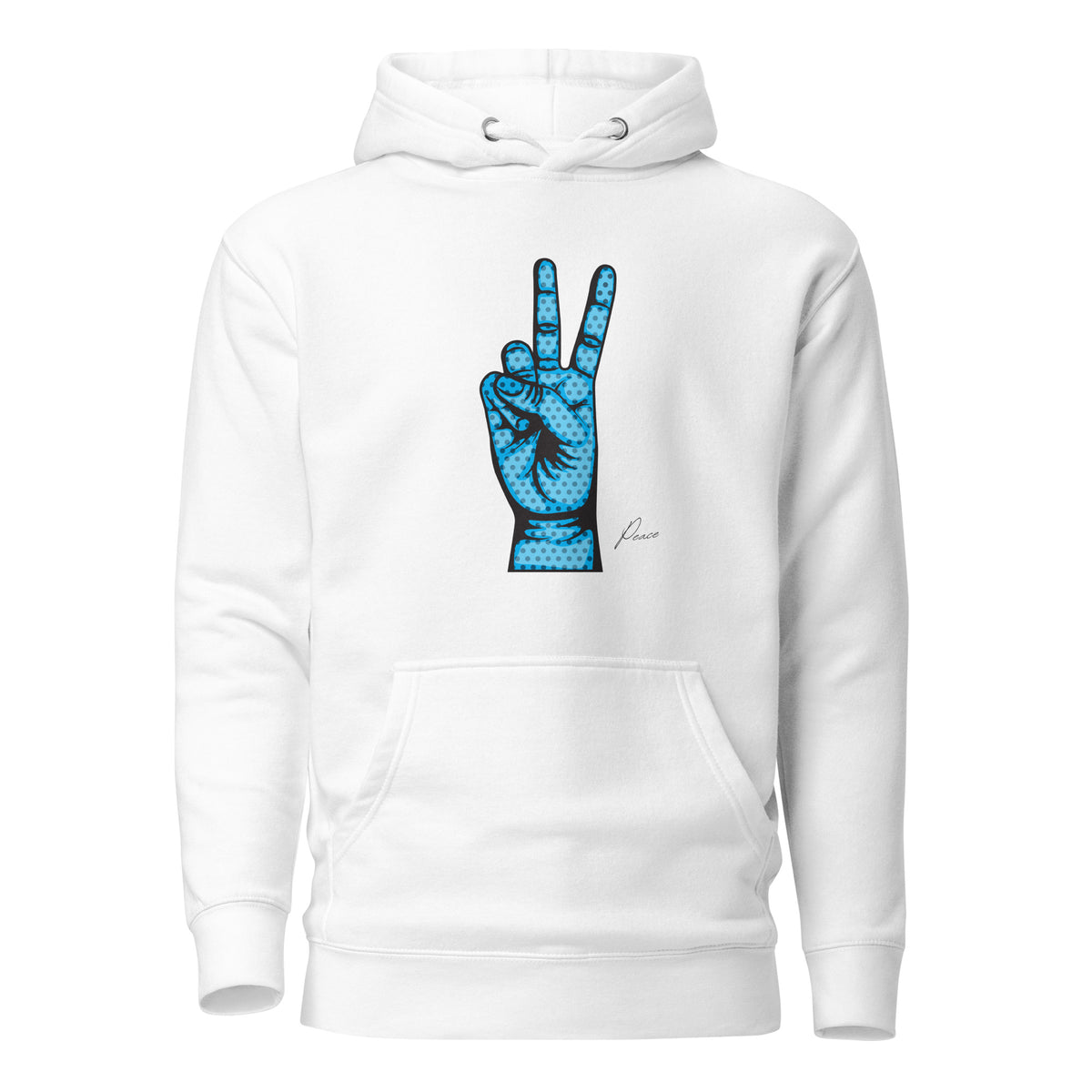 White hoodie, front view, with an illustrated blue hand making a peace sign.
