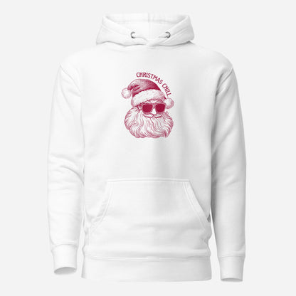 White hoodie, front view with a burgundy Santa face wearing sunglasses and "Christmas Chill" lettering.