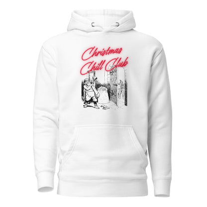 White hoodie, front view with a black-and-white Santa illustration and red "Christmas Chill Club" script.